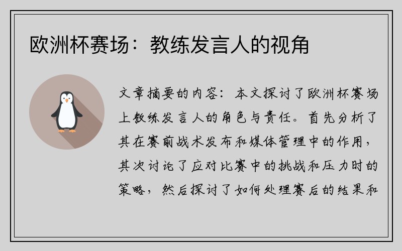 欧洲杯赛场：教练发言人的视角