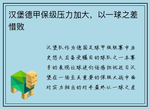 汉堡德甲保级压力加大，以一球之差惜败
