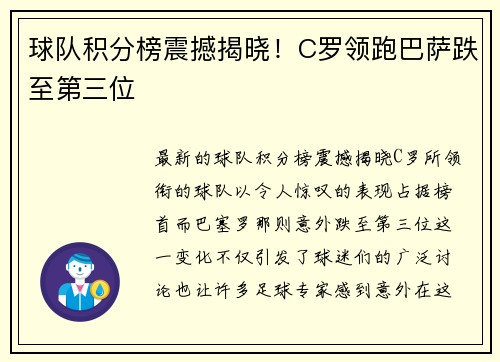球队积分榜震撼揭晓！C罗领跑巴萨跌至第三位