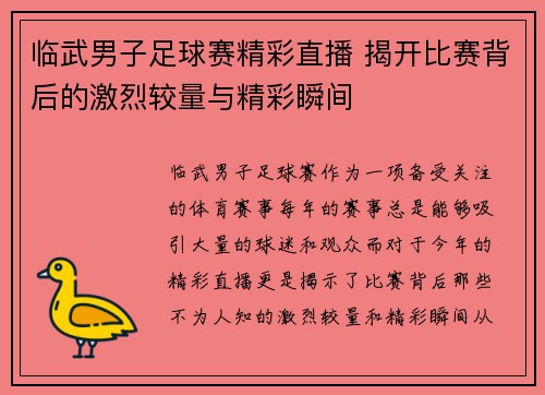 临武男子足球赛精彩直播 揭开比赛背后的激烈较量与精彩瞬间
